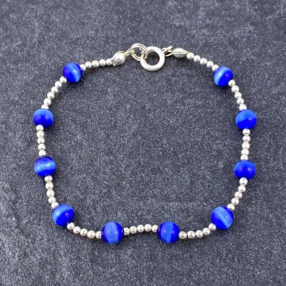 Vintage Sterling Silver 925 5mm Blue Synthetic Cat's Eye Bracelet 7" - Picture 2 of 5